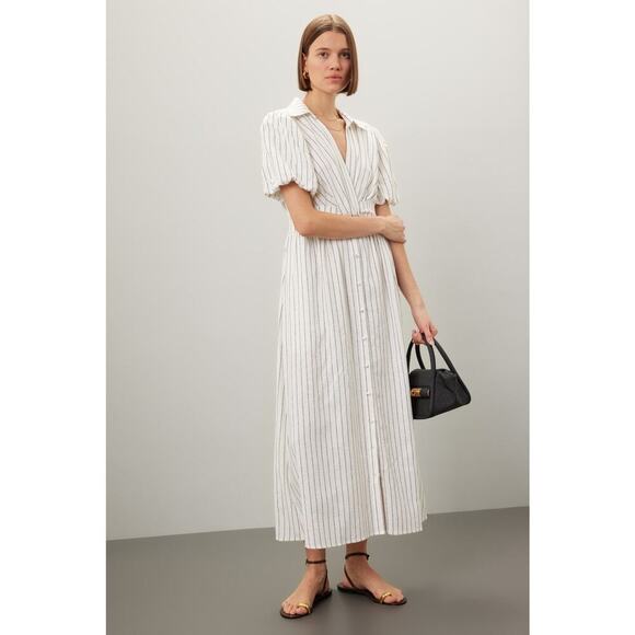 DEREK LAM COLLECTIVE White Stripe Linen Collar Knot Waist Shirt Dress Size 42 - Picture 2 of 15